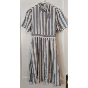 polagram Dress S Gray White Stripes Pocket Ruffle Midi Coquette Dainty Fisherman